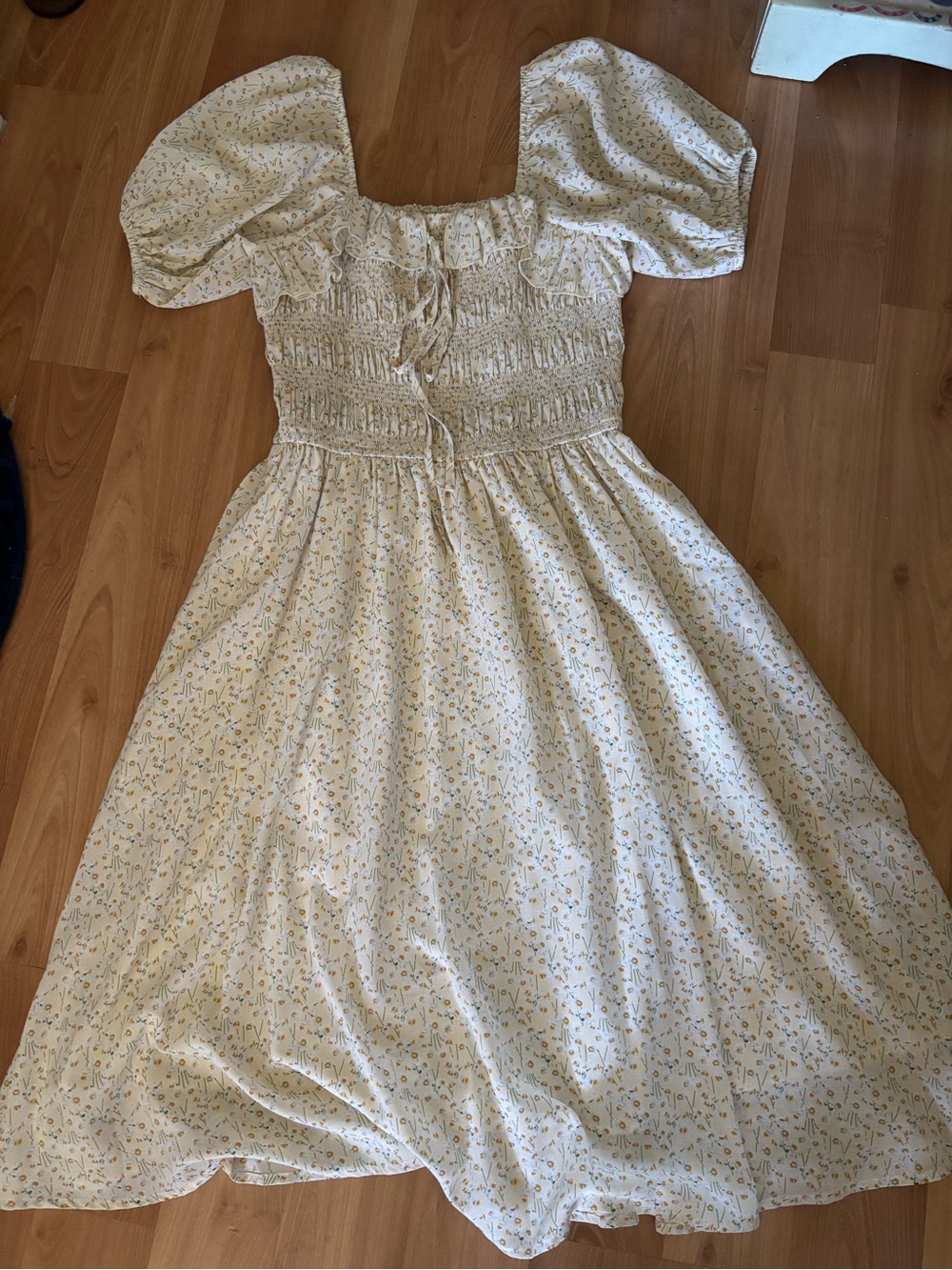 Ivy City Co Cream Floral Smocked Midi Dress with Puff Sleeves